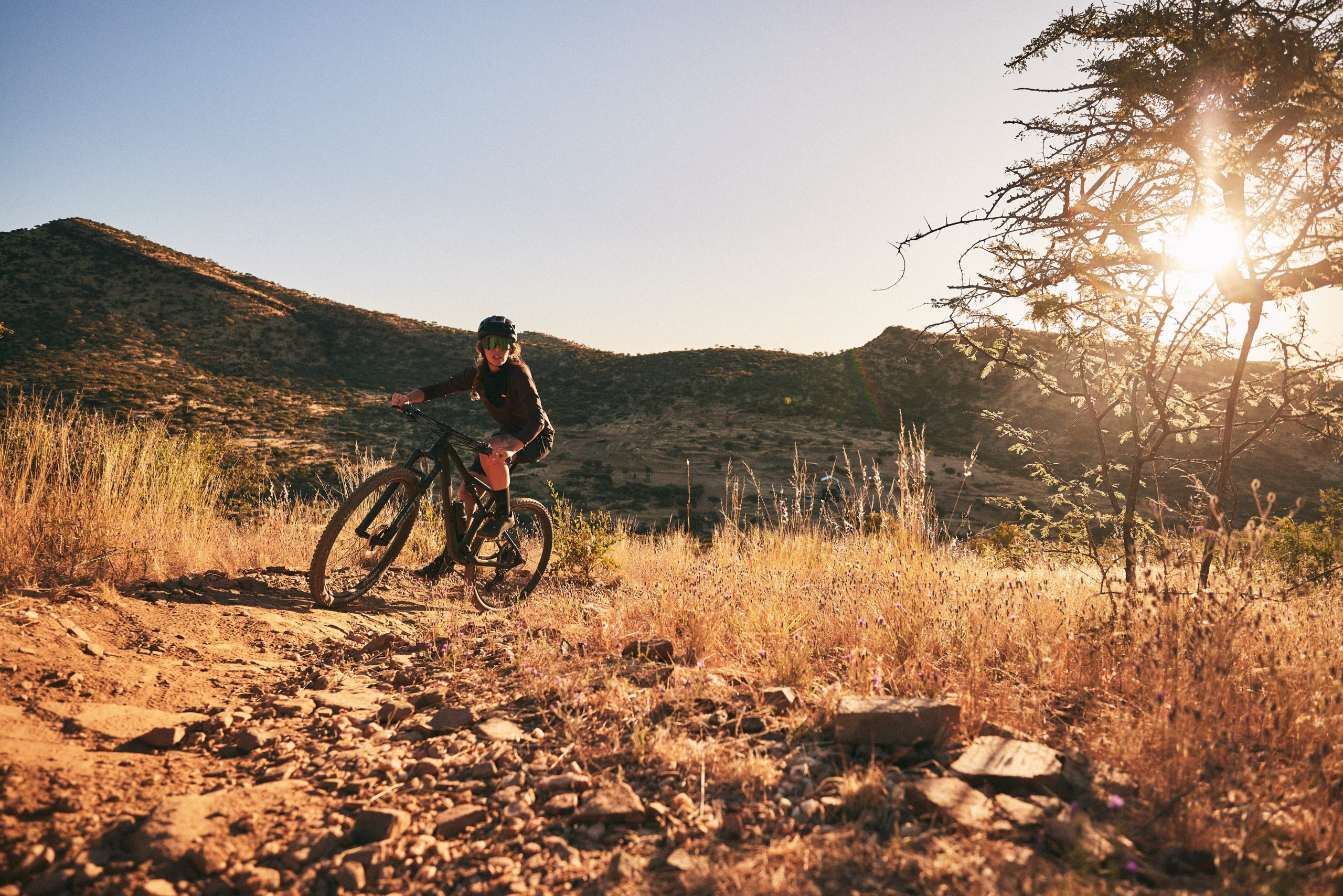 Eine Person fährt mit einem Mountainbike auf einem Feldweg durch trockenes, grasbewachsenes Gelände mit Hügeln im Hintergrund. Die Sonne geht unter und wirft warmes Licht auf die Landschaft und einen Baum auf der rechten Seite.