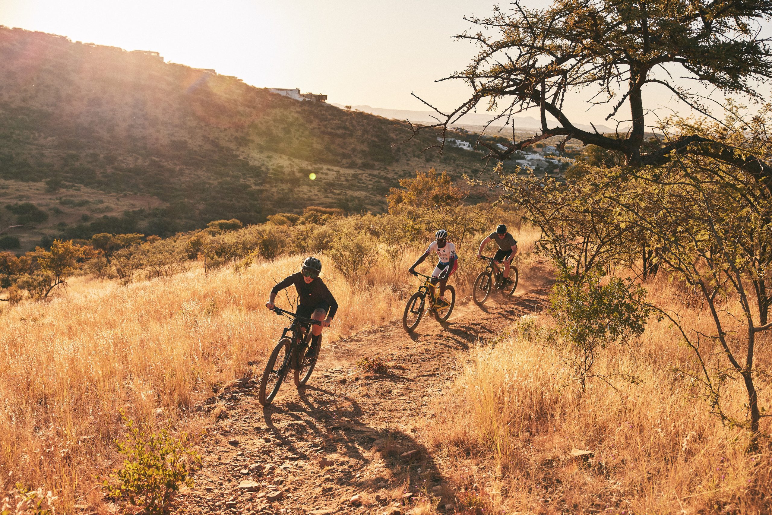 Drei Radfahrer fahren bei Sonnenuntergang mit Mountainbikes auf einem Feldweg durch trockene, grasbewachsene Hügel, wobei Bäume und Hügel in der Ferne eine malerische Modellkulisse bilden.