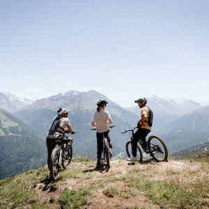 Drei Mountainbiker mit Helmen stehen auf einer grasbewachsenen Anhöhe und blicken auf ein malerisches Tal mit grünen Wäldern und schneebedeckten Bergen unter einem klaren Himmel.