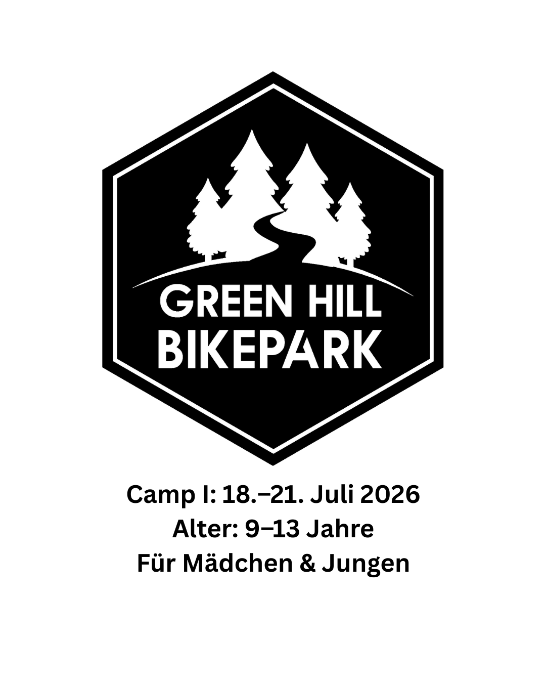 Logo: drei Bäume und ein gewundener Weg oberhalb des "Green Hill Bikepark". Unten: 18.-21.7. Camp | Green Hill Bikepark | Deutschland, Alter 9-13 Jahre, für Mädchen und Jungen.