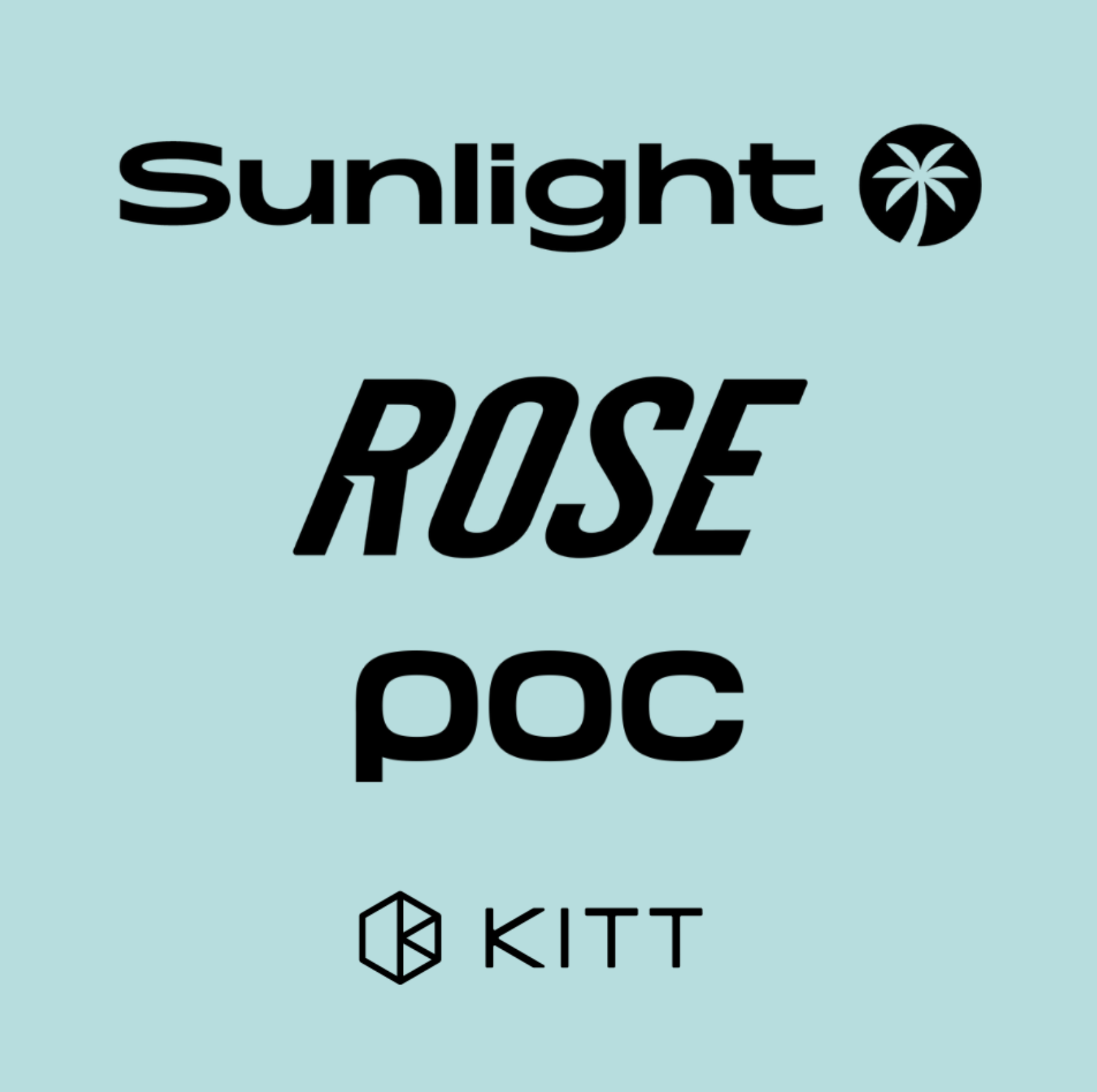 Schwarze Logos und Namen von vier Marken - Sunlight (mit einem Palmensymbol), ROSE, poc und KITT (mit einem geometrischen Symbol) - werden auf einem hellblauen Hintergrund angezeigt.